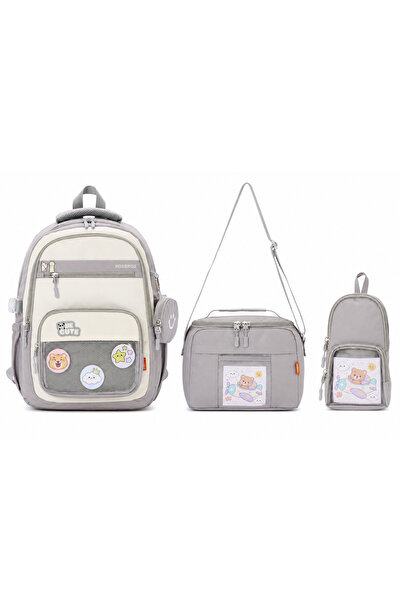 Roxbros Korean Style Badge Set of 3 Gray Girls & Boys School Bag & Primary Sc...