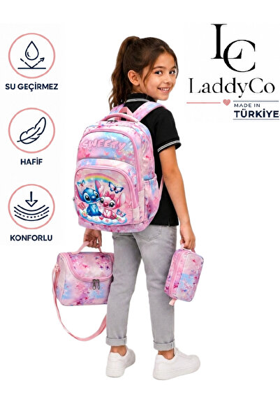LaddyCo حقيبة مدرسية للبنات، مجموعة من 3 قطع، حقيبة مدرسية ملونة مع طباعة شخصيات