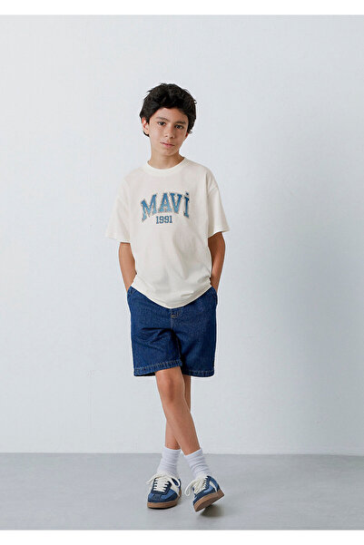 Mavi Logo Printed Ecru T-Shirt Loose Fit / Comfortable Cut 6610516-70057