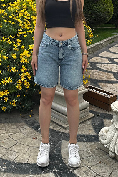 BİKELİFE Women's Vintage Effect High Waist 5-Pocket Straight Fit Shorts Jeans