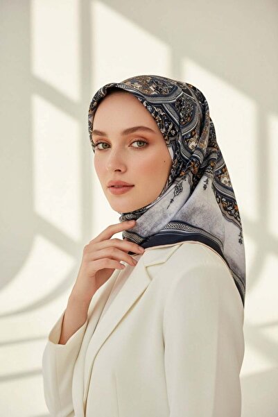 Vissona %100 Twill İpek Şal Desenli Gri - Lacivert Renkli 90x90 Eşarp Dikim Ş...