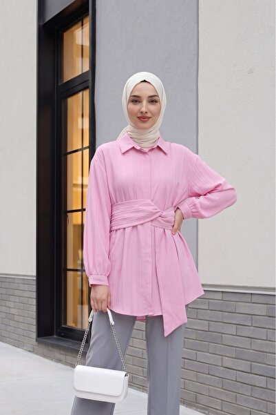 Modamorfo Fitted Crinkle Shirt with Tie-Up Waist - Pink