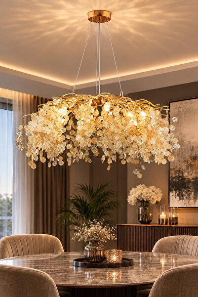Apliqa Masal 80'lık Yuvarlak Gold Kristal Taşlı Modern, Oturma Odası, Salon A...