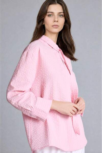 DeFacto Regular Fit Striped Crinkle Fabric Long Sleeve Light Pink Tunic H8818...