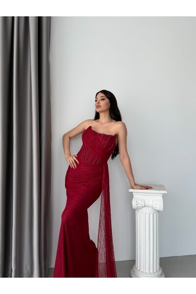 Serica Moda Burgundy Strapless Ruched Draped Long Evening Dress