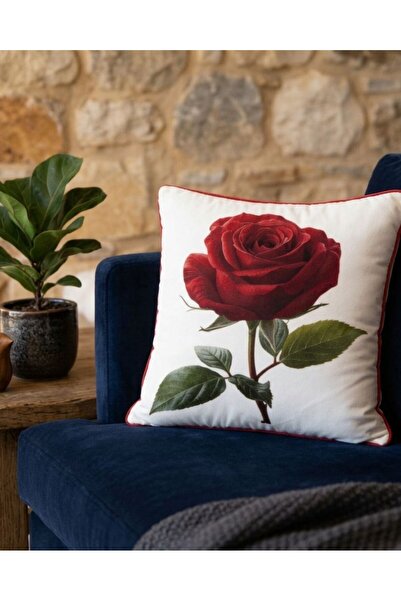 Rayda Home Decorative Red Rose Printed Piped Detail Digital Print Floral Prin...