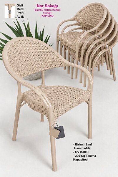 nar sokağı 6 Adet Bambu Rattan Kollu Sandalye Koltuk 6'lı Set