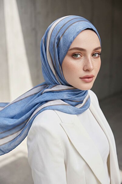 Vissona %100 Saf İpek Şal İnce Saten Vual Dokuma Monogram Desenli Bebe Mavisi...