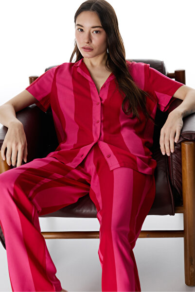 Penti Kırmızı For You Çizgili Düğmeli Gömlek Pantolon Pijama Takımı