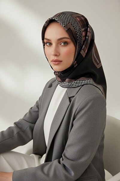 Vissona %100 Twill İpek Kazakayaklı Ve Ekose Desenli Siyah - Pudra Renkli 90x...