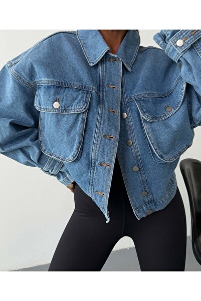 HerTon Women's Oversize Double Pocket Crop Denim Jacket Shirt