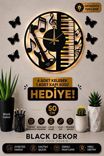 Blackdekor 50 Cm Müzik Temalı Dekoratif Duvar Saati - Gitar, Nota Ve Piyano T...