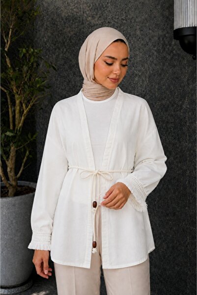 Lunfia Püsküllü Kemerli Keten Kimono - Ekru