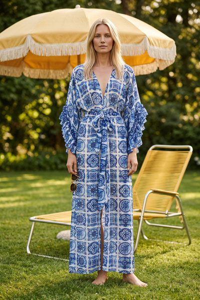 Nur Karaata Joali Bleu Blanc Long Sleeve Pareo Elbise