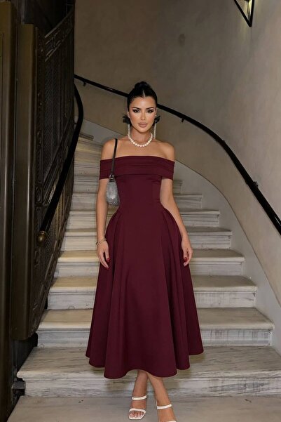 TANISA Bordo Galadriel Madonna Yaka Double Kumaş Kloş Midi Elbise TNS-9003