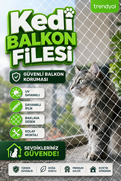 Artı Kedi Balkon Filesi 2,5x3m | Balkon Kuş Filesi Güvenlik Filesi Uv Dayanık...
