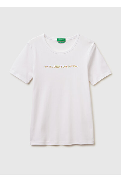United Colors of Benetton تي شيرت نسائي أبيض 100% قطن مطبوع عليه شعار وياقة د...
