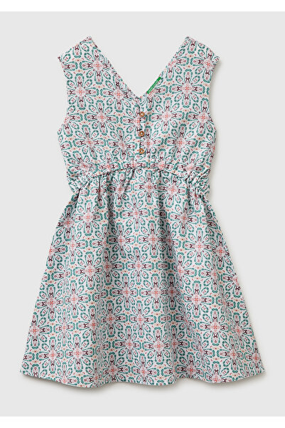 United Colors of Benetton Girl's White All-Printed Dress with Drawstring Wais...