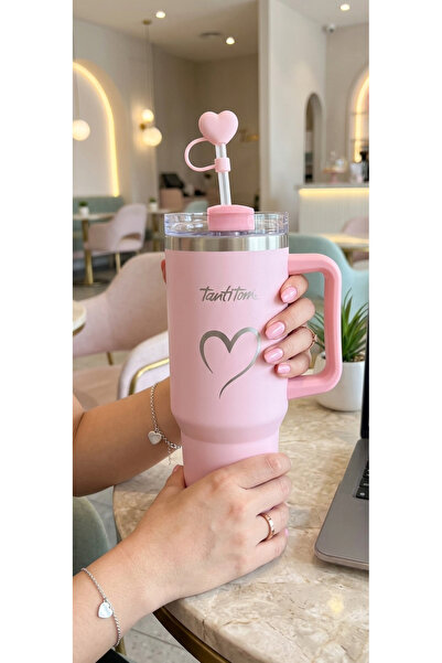 Tantitoni 1.2 Liter Steel Thermos Cup with Handle, Mug, Heart, Straw, and Str...