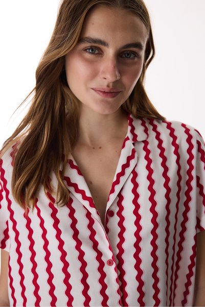 Penti Red Aria Shirt Striped Short Sleeve Pants Pajama Set