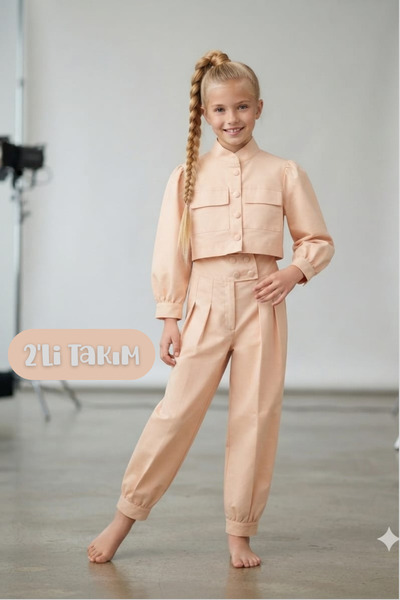Hilal Akıncı Kids Girl's Judge Collar Balloon Sleeve Lined Crop Jacket Puff D...