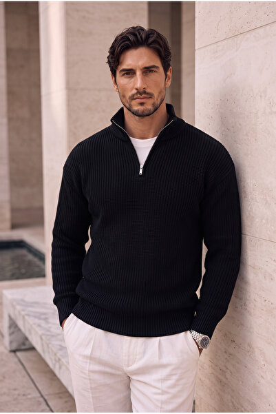 Valiberta Мъжки пуловер Nolan Oversized Thessaloniki Knit Half-Zip - черен