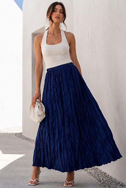 Madmext Navy Blue Elastic Waist Crinkled Micro Long Women's Skirt Mg2155