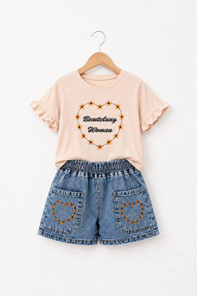 İncilay Girl's T-Shirt & Denim Shorts Set - Summer 2-Piece Set with Heart Emb...