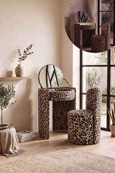 Eymense Lady LED Işıklı Puflu Makyaj Standı Leopar