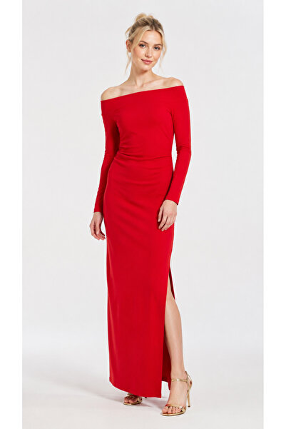 Kallisto Red Off-The-Shoulder Waist Draped Side Slit Long Dress