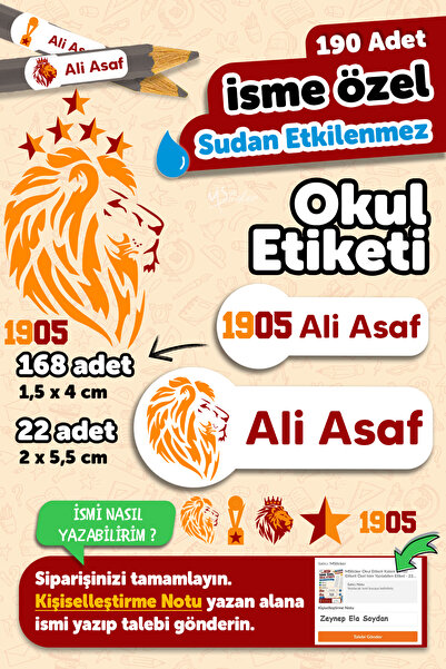 MSticker Okul Etiketi Kalem Defter isimli Etiket Isim Yazılabilen Galatasaray...