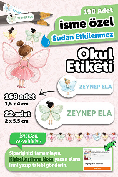 MSticker Okul Etiketi Kalem Defter isimli Etiket Isim Yazılabilen Peri Kızlar...