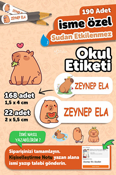 MSticker Okul Etiketi Kalem Defter isimli Etiket Isim Yazılabilen Capybara - ...