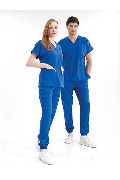 ÇİZGİ MEDİKAL Saks Blue Jogger Leg Luxury Lycra Uniform Sets High Quality Lyc...