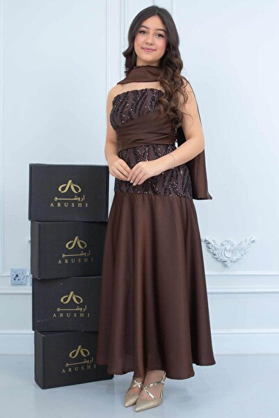 arushi Embroidered Brown Princess Dress with Scarf - Tween Age Dress