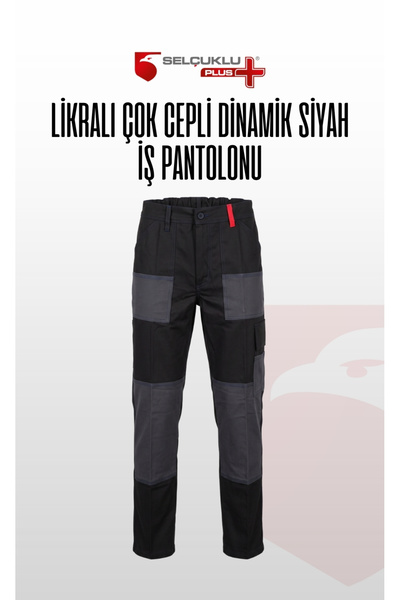 Selçuklu Plus Lycra Multi-Pocket Dynamic Black and Gray Work Pants Durable Fl...