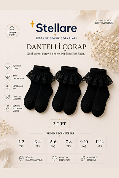 stellare 3 Çift Kız Çocuk Yumuşak Dantelli Çorap – Dikişsiz Burun, Rahat Kull...