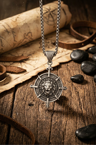 Begondio Aslanlı Viking Pusula El İşçiliği Paslanmaz Çelik Zincir Erkek Kolye