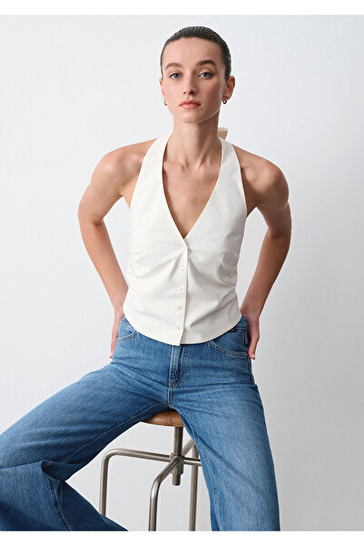 Mavi Düğmeli Halter Yaka Ekru Gömlek Slim Fit / Dar Kesim 1211646-70057