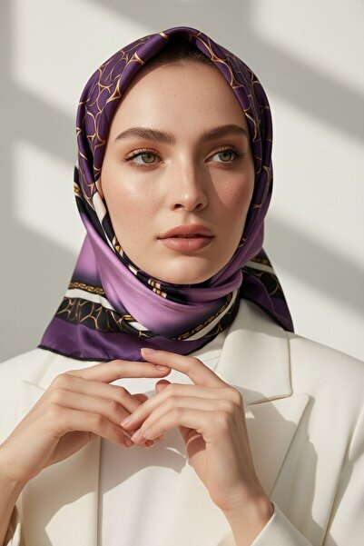 Vissona %100 Twill İpek Gold Halka Desenli Lila - Siyah Renkli 90x90 Eşarp Di...