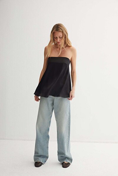 Silk and Cashmere Siyah Luna Saf İpek Straplez Bluz