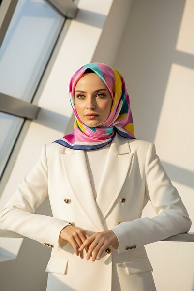 Vissona %100 Twill İpek Geometrik Desenli Pembe - Petrol Yeşili Renkli 90x90 ...