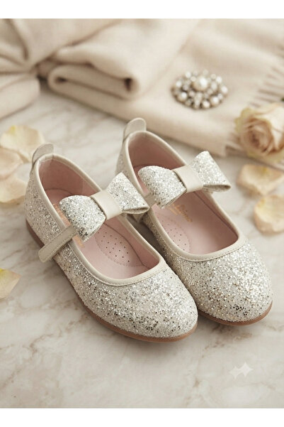 pediashoes Girls' Cream Color Shiny Stylish Ballet Flats with Ankle Bows and Orthopedic Non-Slip Soles