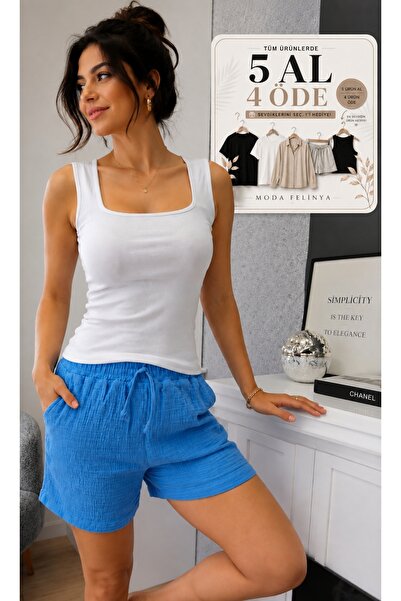 moda felinya KADIN CEPLİ BELİ LASTİKLİ MAVİ RENK MÜSLİN ŞORT