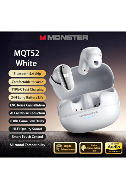 Choice1 White New Monster MQT52 TWS Wireless Bluetooth 5.4 Headset HIFI Stere...