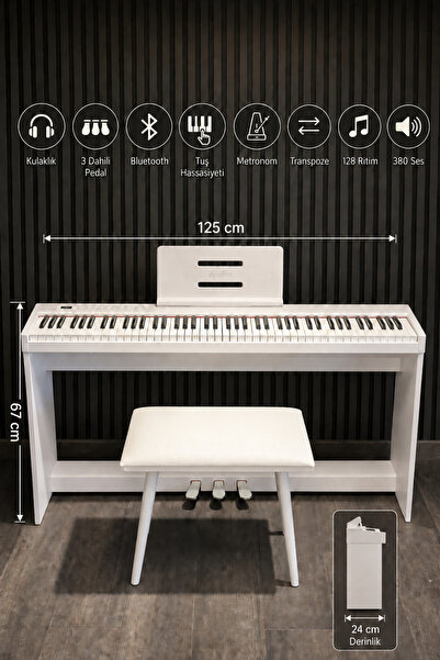 AUSTIN Beyaz Digital Piyano Hassasiyetli 88 Dolgu Tuş 3 Pedal Tabure Kulaklık...