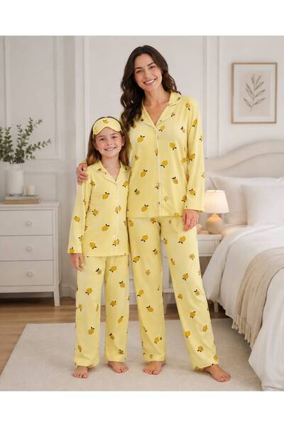 Fil Kids Mother-Daughter Cotton Milan Fabric Yellow Lemon Patterned Shirt Col...