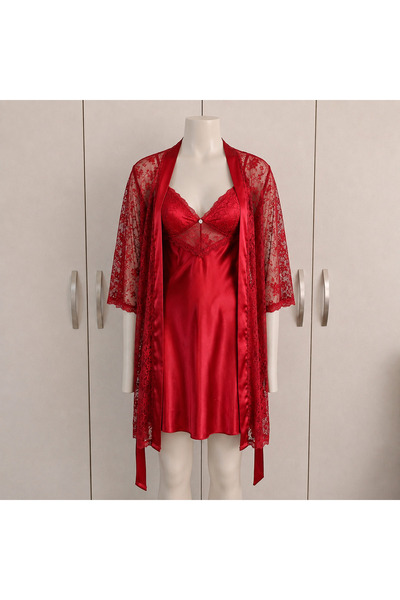 Lady Lingerie Women's Lace Two-Piece Nightgown Set - Satin Dress with Sheer S...