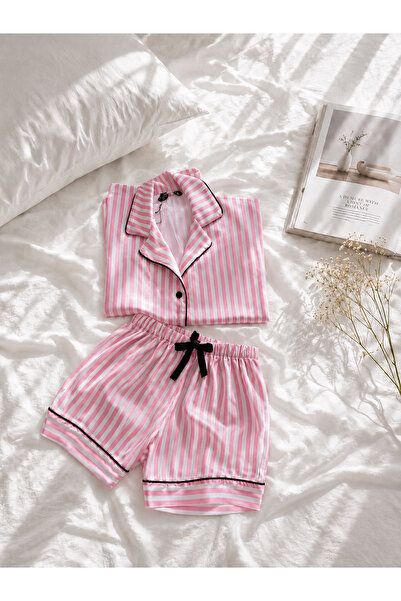 Lady Lingerie طقم بيجامة نسائي مقاس كبير من الساتان المخطط مع شورت، قميص بأكمام قصيرة وأزرار |   ملابس النوم |   صنع في تركيا