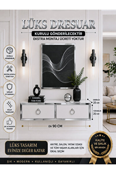 DOGANDEKOR Gümüş Detaylı Beyaz Dresuar